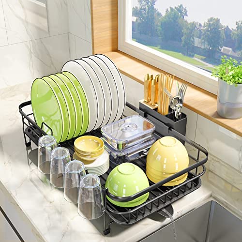 Never Rust Aluminum Dish Rack and Drain Board with Utensil Holder,  Tomorotec 2-tier Kitchen Plate Cup Dish Drying Rack Tray